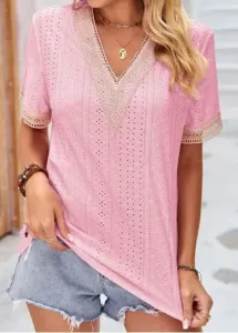 Modlily Pink Patchwork Short Sleeve V Neck T Shirt - L #938329