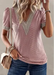 Modlily Pink Patchwork Short Sleeve V Neck T Shirt - XXL