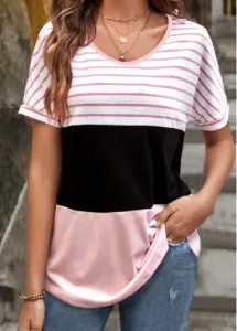 Modlily Pink Patchwork Striped Short Sleeve T Shirt - M