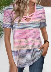 Modlily Pink Patchwork Striped Short Sleeve V Neck T Shirt - M