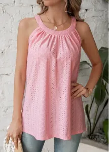 Modlily Pink Ruched Sleeveless Round Neck T Shirt - L