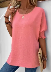Modlily Pink Smocked Half Sleeve Round Neck T Shirt - S