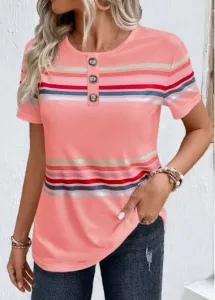 Modlily Pink Striped Short Sleeve Round Neck T Shirt - L