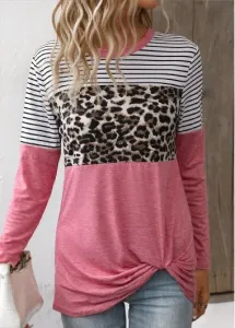 Modlily Pink Twist Leopard Long Sleeve T Shirt - 2XL