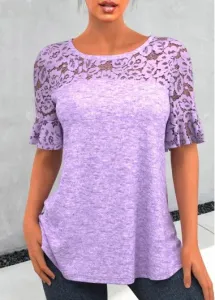 Modlily Purple Lace Patchwork Round Neck T Shirt - S