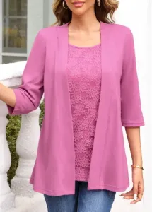 Modlily Purple Lace Three Quarter Length Sleeve T Shirt - L