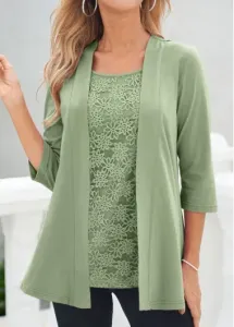 Modlily Sage Green Lace Faux Two Piece T Shirt - L