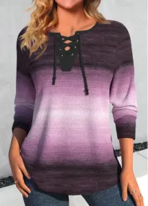 Modlily Purple Lace Up Ombre Long Sleeve T Shirt - L