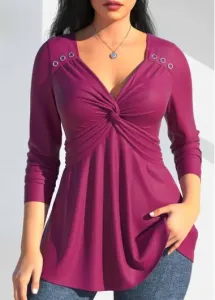 Modlily Purple Twist Long Sleeve Heart Collar T Shirt - L