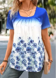 Modlily Purplish Blue Pleated Floral Print Short Sleeve T Shirt - 3XL
