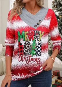 Modlily Red Button Christmas Print Long Sleeve T Shirt - M