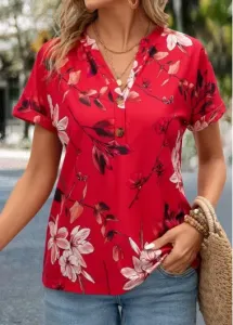 Modlily Red Button Floral Print Short Sleeve T Shirt - L