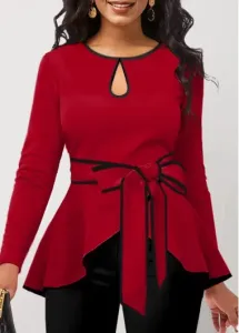 Modlily Red Contrast Binding Belted Long Sleeve T Shirt - M