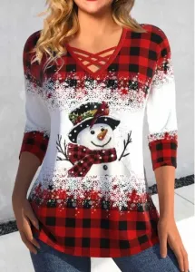 Modlily Red Criss Cross Snowman Print Long Sleeve T Shirt - XXL