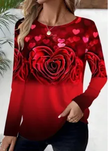 Modlily Red Floral Print Long Sleeve T Shirt - M