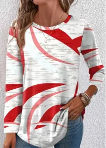 Modlily Red Lightweight Geometric Print Long Sleeve T Shirt - L