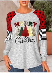 Modlily Red Patchwork Christmas Print Long Sleeve T Shirt - L