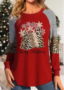 Modlily Red Patchwork Christmas Tree Print Long Sleeve T Shirt - L