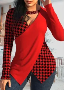 Modlily Red Patchwork Houndstooth Print Long Sleeve T Shirt - S