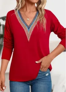 Modlily Red Patchwork Long Sleeve V Neck T Shirt - 2XL