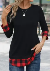 Modlily Red Patchwork Plaid Long Sleeve Round Neck T Shirt - 2XL