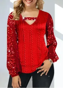 Modlily Red Sequin Cutout V Neck T Shirt - M