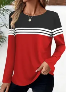 Modlily Red Striped Long Sleeve Round Neck T Shirt - M
