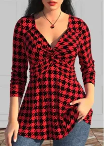 Modlily Red Twist Geometric Print Long Sleeve T Shirt - XL