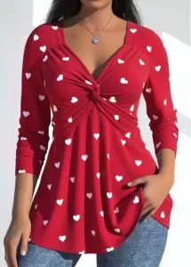 Modlily Red Twist Heart Print Long Sleeve T Shirt - M