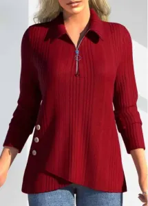 Modlily Red Zipper Long Sleeve Polo Collar T Shirt - L
