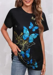 Modlily Round Neck Butterfly Print Black T Shirt - L