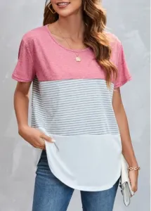 Modlily Round Neck Striped Pink T Shirt - L