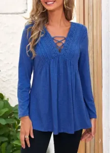 Modlily Royal Blue Lace Stitching Long Sleeve T Shirt - M