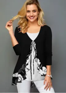 Modlily Black Ruffle Floral Print Long Sleeve T Shirt - XS