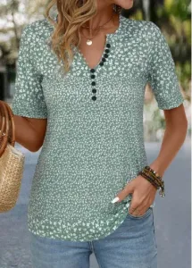 Modlily Sage Green Button Ditsy Floral Print T Shirt - M