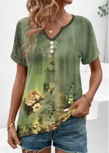 Modlily Sage Green Button Floral Print Short Sleeve T Shirt - XXL