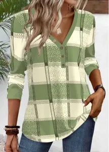 Modlily Sage Green Button Plaid Long Sleeve T Shirt - XXL