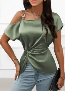 Modlily Sage Green Chain Short Sleeve One Shoulder T Shirt - M