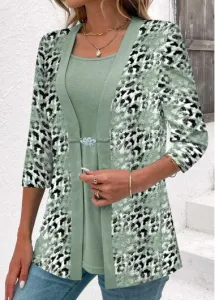 Modlily Sage Green Fake 2In1 T Shirt Leopard Print 3/4 Sleeve Dressy Blouse - M