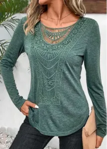Modlily Sage Green Lace Long Sleeve Round Neck T Shirt - XL