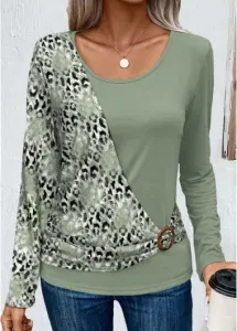 Modlily Sage Green Patchwork Leopard Long Sleeve T Shirt - L #1102804