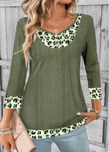 Modlily Sage Green Patchwork Leopard Long Sleeve T Shirt - XXL #1113559