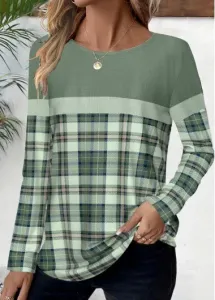 Modlily Sage Green Patchwork Plaid Long Sleeve T Shirt - S