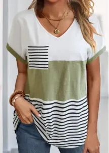 Modlily Sage Green Pocket Striped Short Sleeve T Shirt - M