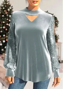Modlily Sequin Long Sleeve Grey Velvet Stitching T Shirt - M