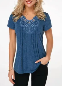 Modlily Short Sleeve Crinkle Chest Blue T Shirt - L