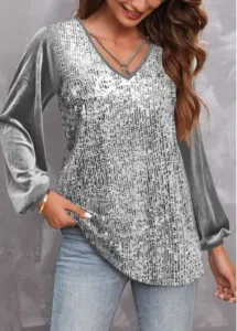 Modlily Silver Sequin Long Sleeve V Neck T Shirt - M