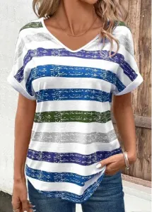 Modlily Sky Blue Breathable Multi Stripe Print T Shirt - L