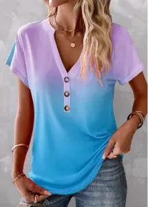 Modlily Sky Blue Button Ombre Short Sleeve T Shirt - XXL