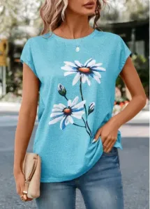 Modlily Sky Blue Floral Print Short Sleeve T Shirt - S